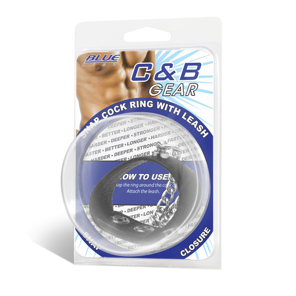 Packaging of the Blue Line Men Snap Cock Ring with 12" Leash at glastoy.com