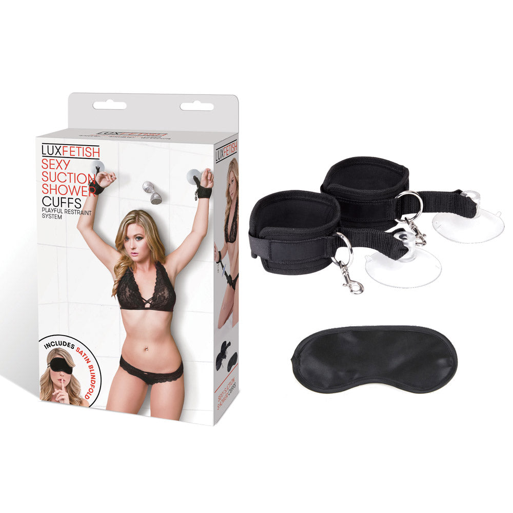 Packaging of the Lux Fetish Sexy Suction Shower Cuffs and Restraint Set at glastoy.com