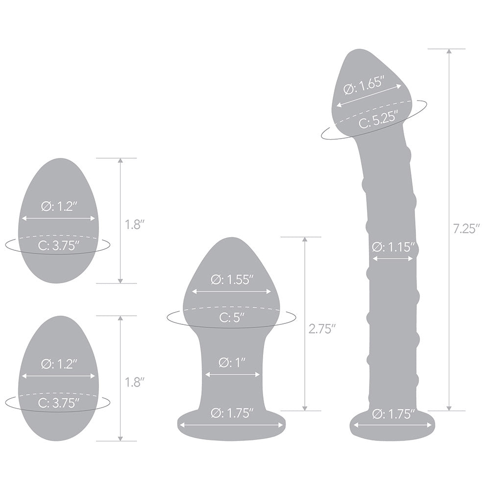 Specifications of Gläs Mr Swirly 4-Piece Glass Dildo, Kegel Balls and 3.25 inch Butt Plug Set