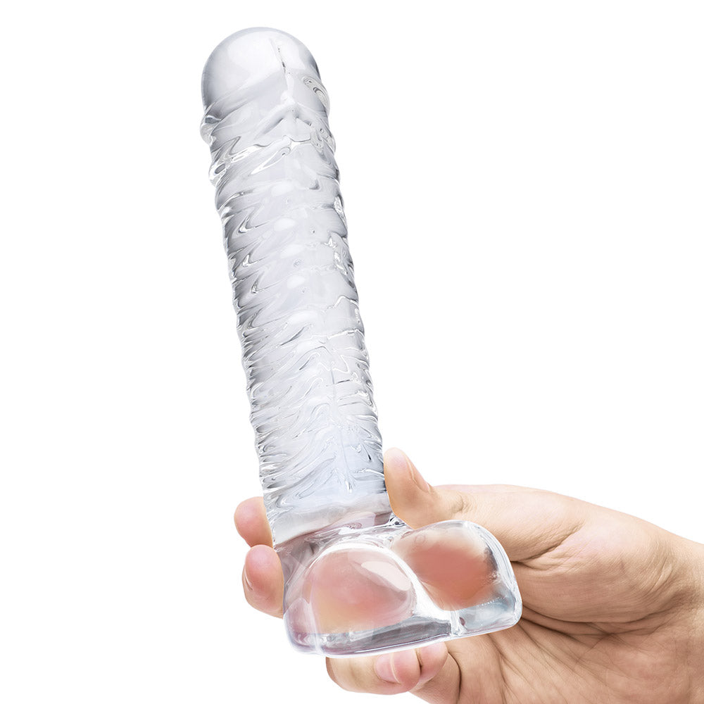 Gläs 8 inch Realistic Ribbed Glass G-Spot Dildo with Balls at glastoy.com