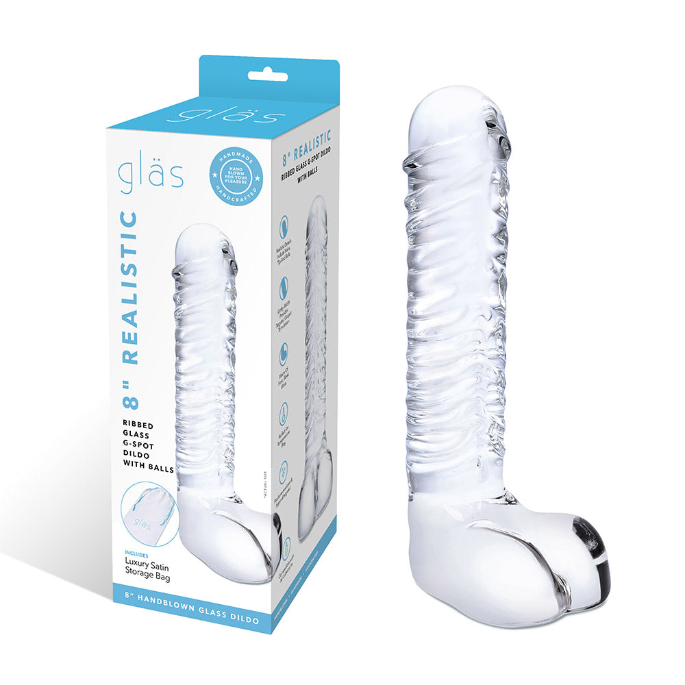 Packaging of Gläs 8 inch Realistic Ribbed Glass G-Spot Dildo with Balls at glastoy.com