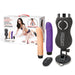 Packaging and everything included in the Lux Fetish Thrusting Remote-Controlled Rechargeable Compact Sex Machine with two Silicone Dildo attachments by Gläs