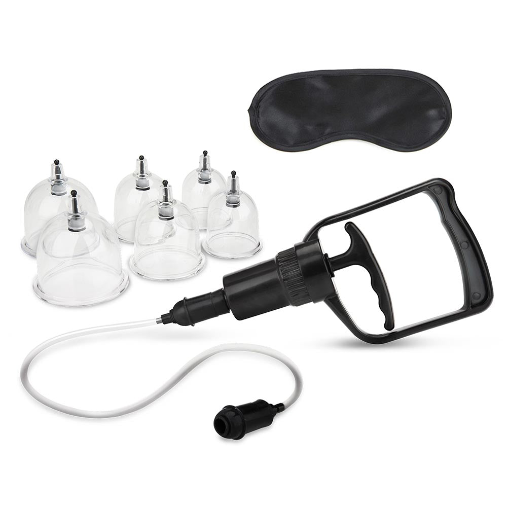 Suction cup, blindfold and hand pump as part of the Lux Fetish Erotic Suction Cupping Set