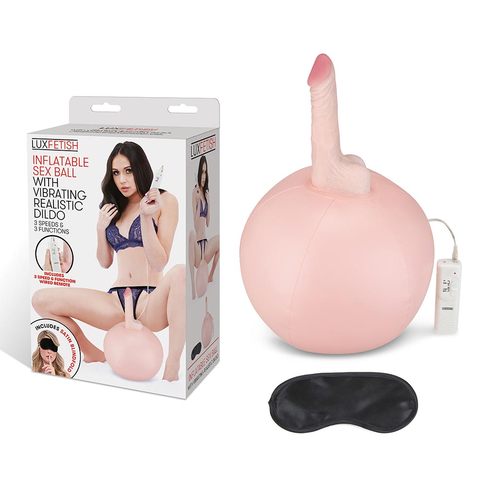 Packaging of the Lux Fetish Inflatable Sex Ball With Vibrating Realistic Dildo