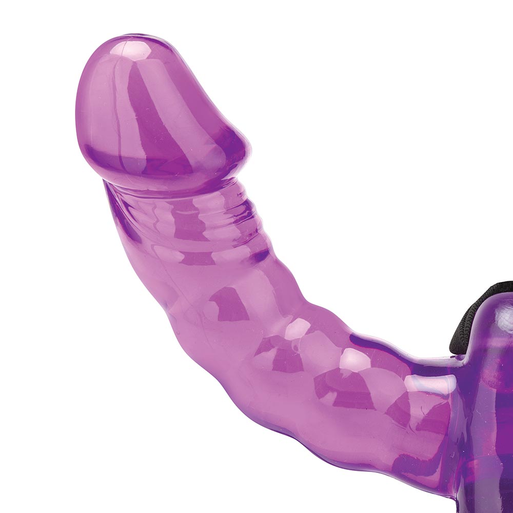 One end of the double ended dildo of the Lux Fetish Pleasure For 2 Double-Ended Strap-On in Purple Color