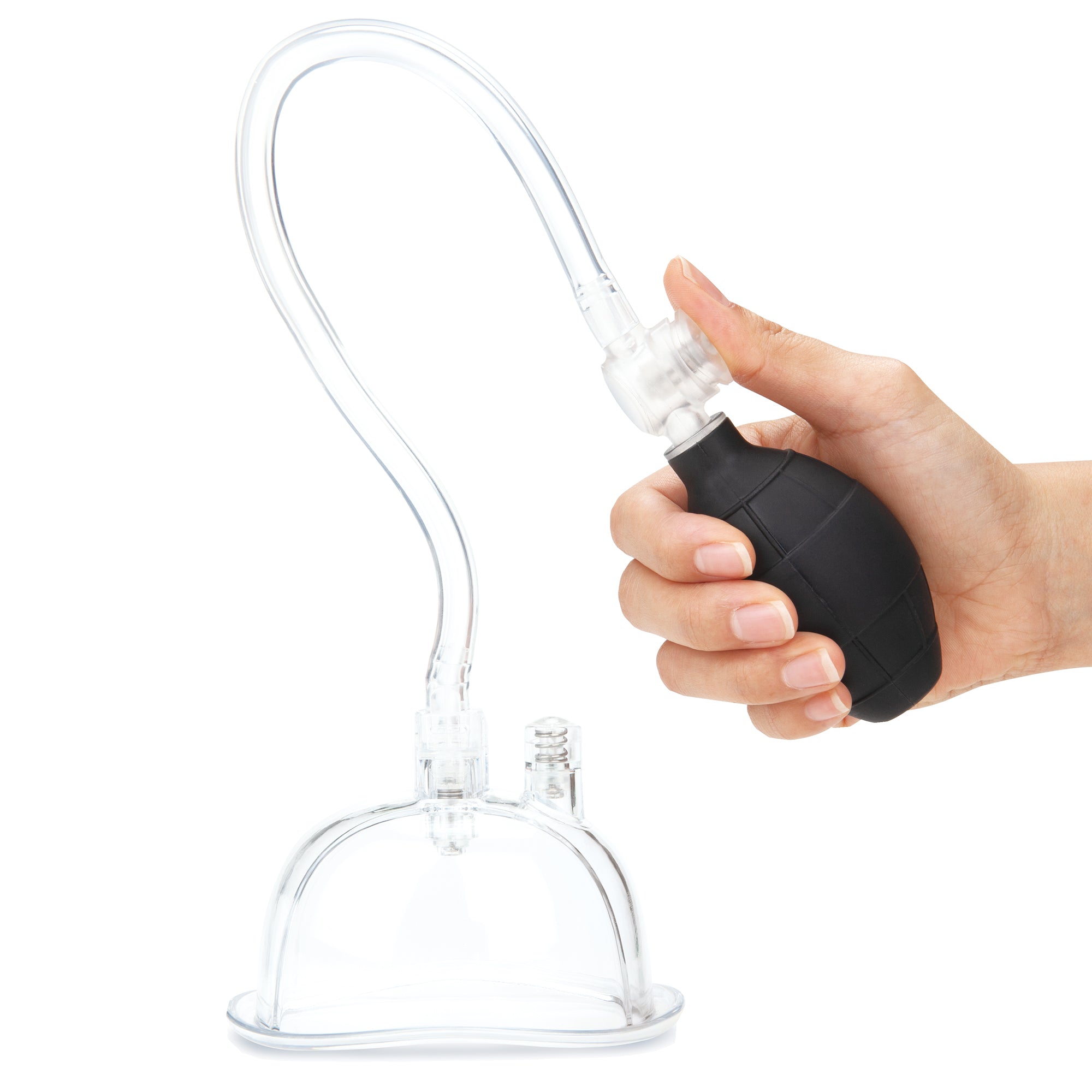 Model holding the Pussy Pump of the Lux Fetish Pussy Pump and Clit Clamp Set