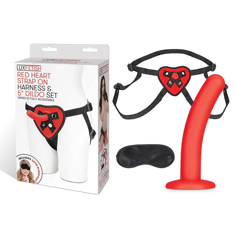 Packaging of the Lux Fetish Red Heart Strap On Harness & 5 inches Dildo Set