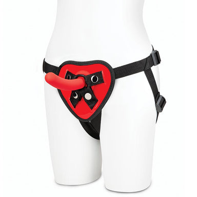 Red Heart Strap On Harness with 5" Dildo attached with the Lux Fetish Red Heart Strap On Harness & 5 inches Dildo Set