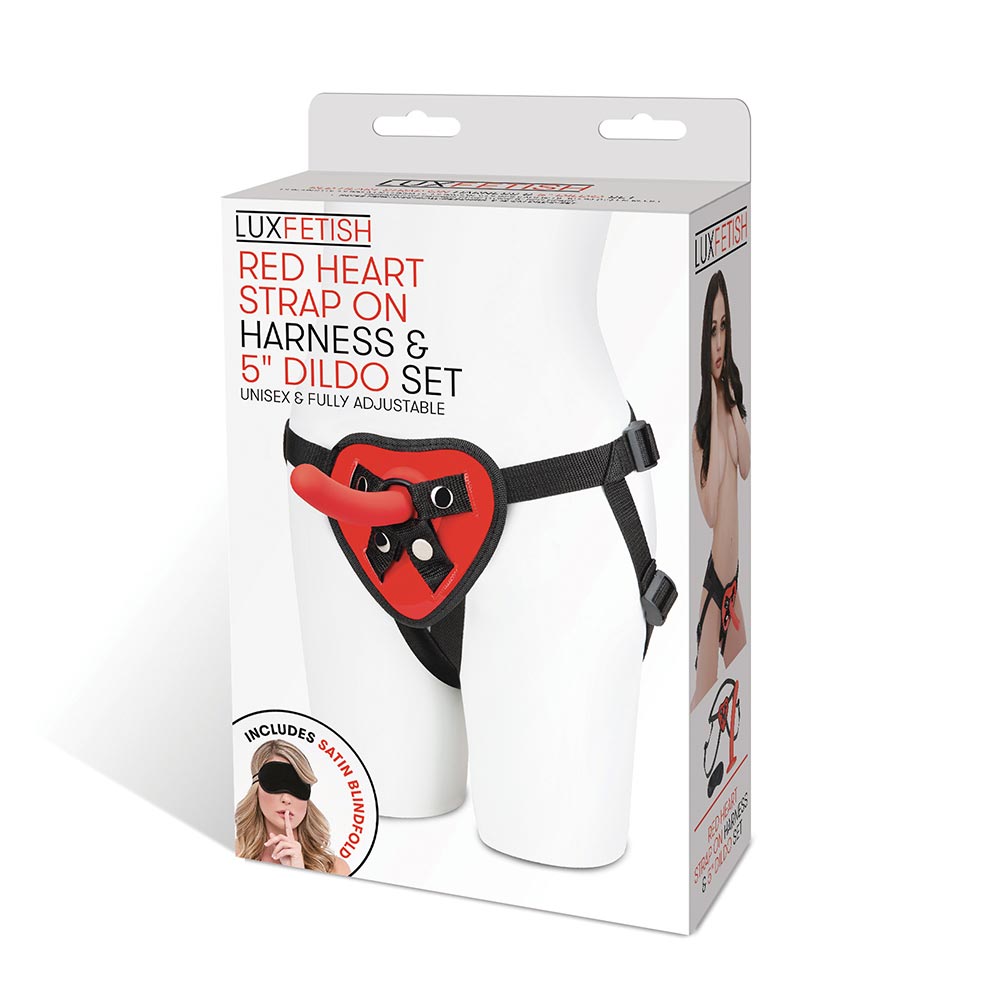 Packaging of the Lux Fetish Red Heart Strap On Harness & 5 inches Dildo Set