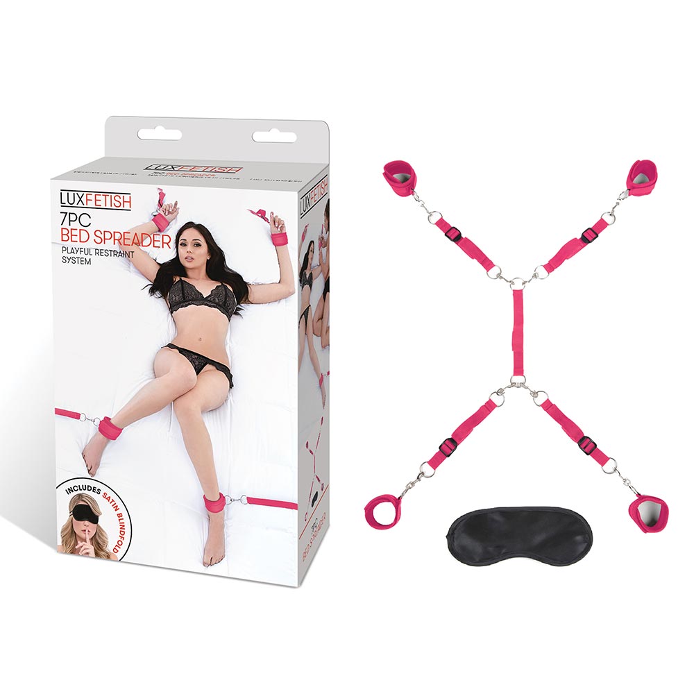 Packaging of the Lux Fetish 7-Piece Bed Spreader in Hot Pink