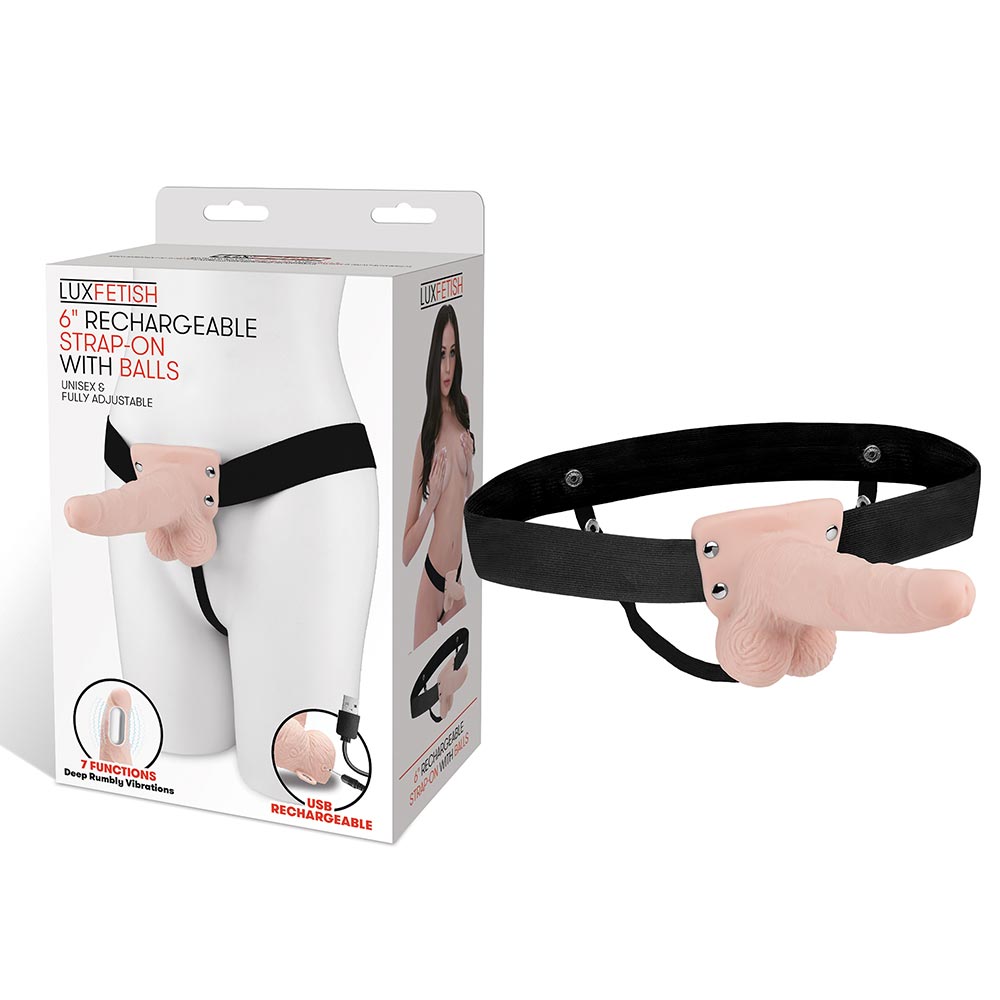 Packaging of the Lux Fetish 6 inches Rechargeable Strap-On With Balls in Flesh color