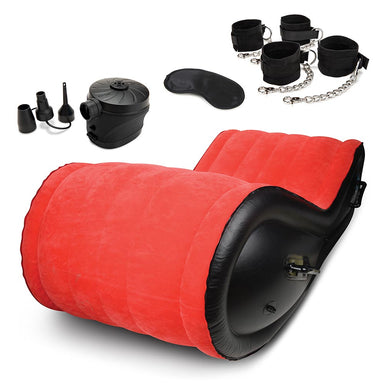 Air pump, blindfold, wrist cuffs, ankle cuffs and the inflatable sex sofa as part of the Lux Fetish 6-Piece Inflatable BDSM Sex Sofa Set