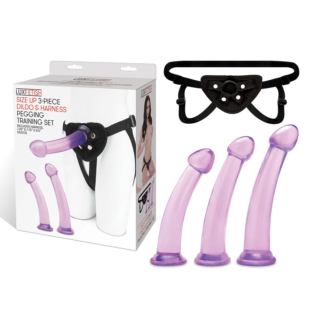 Packaging of the Lux Fetish Size Up 3-Piece Dildo And Harness Pegging Training Set