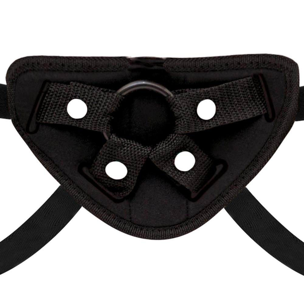 Frontal view of harness as part of the Lux Fetish Size Up 3-Piece Dildo And Harness Pegging Training Set