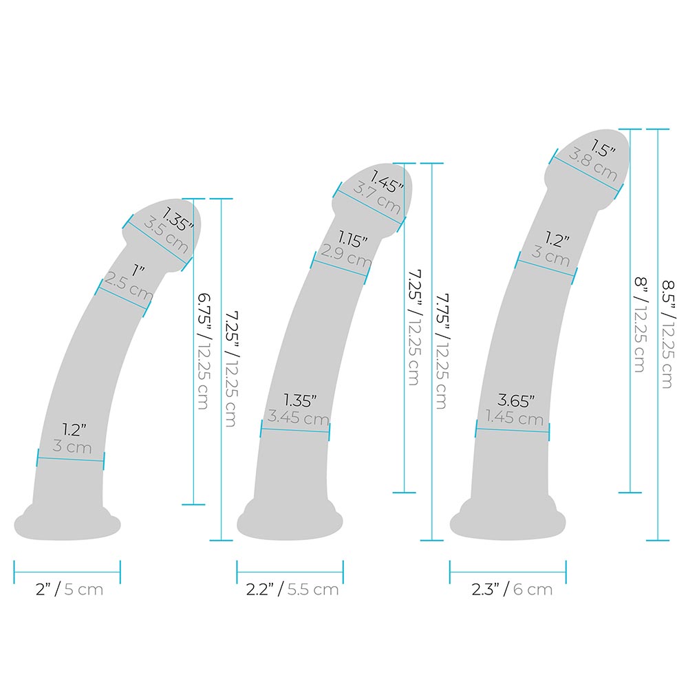 Size and measurements of the Lux Fetish Size Up 3-Piece Dildo And Harness Pegging Training Set