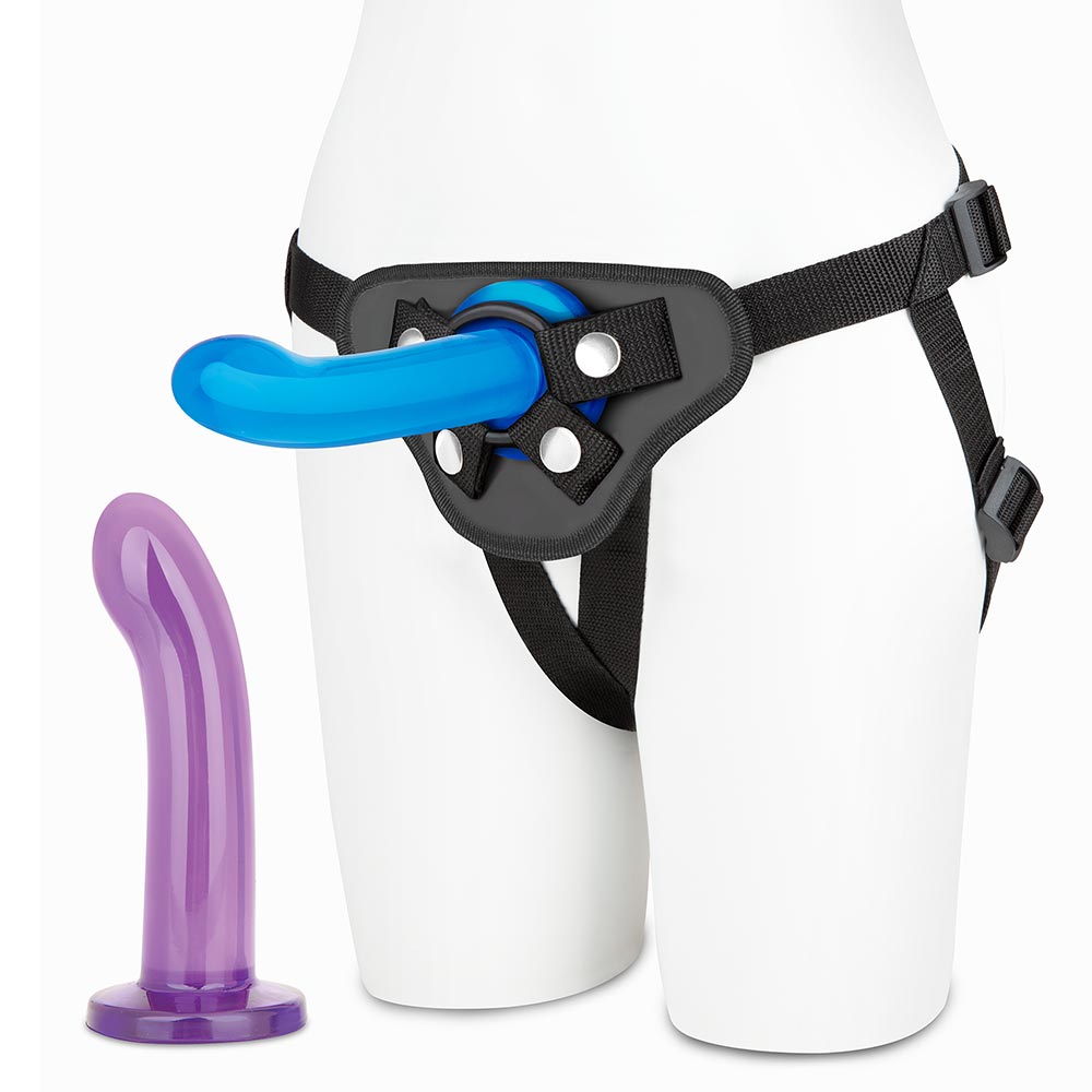 Purple dildo and the Harness with Blue Dildo attached as part of the Lux Fetish 3-Piece Beginners Strap-On & Pegging Set