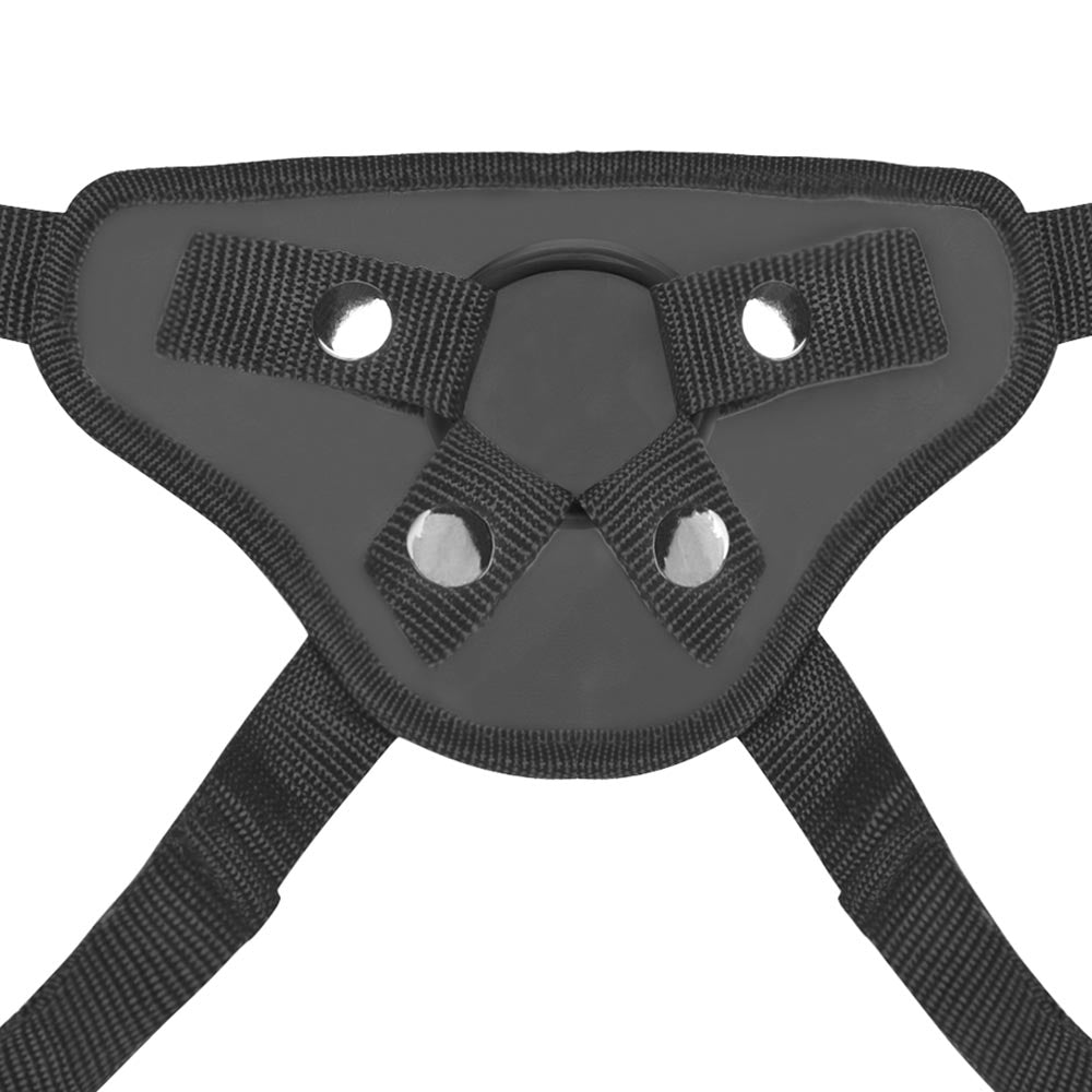 Close up view of the harness as part of the Lux Fetish 3-Piece Beginners Strap-On & Pegging Set